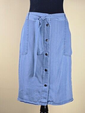 A-Line Light Wash Button-Front Midi Chambray Denim Skirt. Lightweight Soft Drape